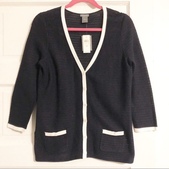 Ann Taylor Sweaters - Ann Taylor Navy & White Trim Classic Cardigan Women’s Size Medium NEW
